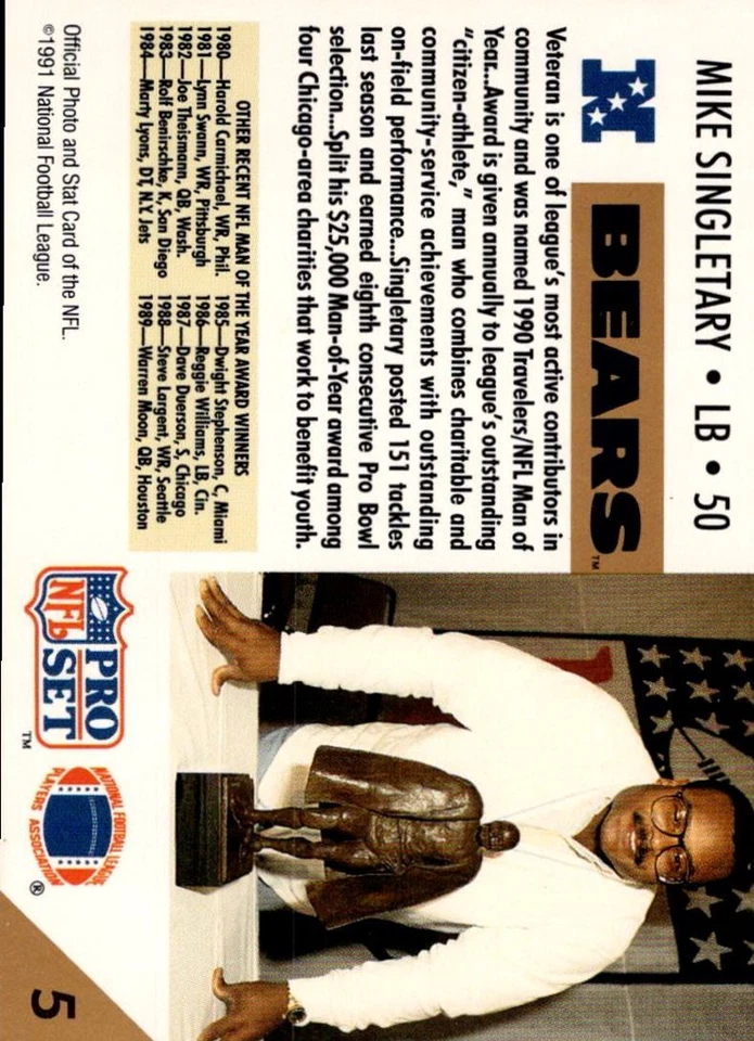 1992 Pro Set Power Mike Singletary Chicago Bears #50 - Image 2 of 2