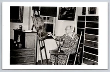RPPC Old Woman Painting Nature Scene Vintage Real Photo Postcard