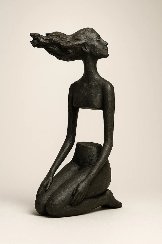 Escultura Modernista Mujer Arrodillada Abstracta Negra Diseño Estudio Apertura Central Foto 4 de 4