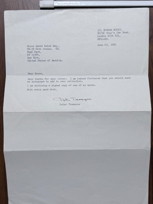 Peter Tremayne AKA Peter Berresford Ellis, Signed ALS dtd 1981
