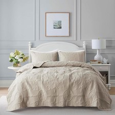 Beige Damask Quilt King Size Bedding Sets with 2 Pillow Shams, Boho Bedspread