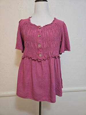 Easel Blouse Sz S Short Sleeve Top ROSY PINK Smocked Shirt Relaxed Fit Ruffles