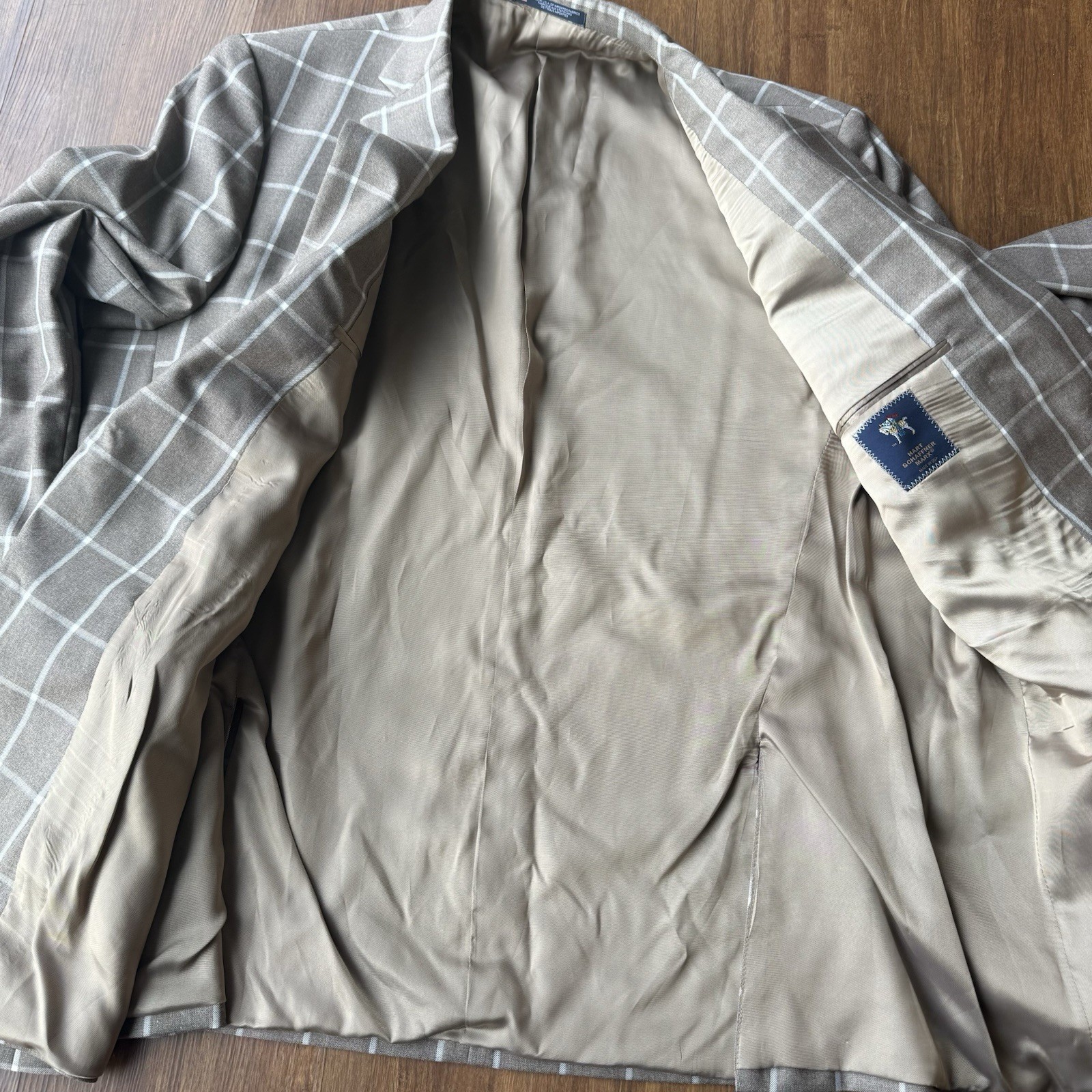 Hart Schaffner Marx Sport Coat Jacket Windowpane Plaid Mens 48 R Wool Brown Suit