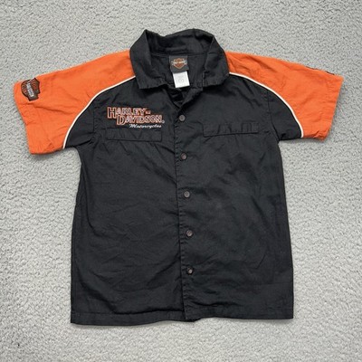 SGI Harley-Davidson S9YBA89HD Youth Size 7 Button Up Mechanic Shirt Black/Orange