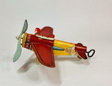 Vintage Tin Windup Airplane Toy Pilot Japan Large Propeller WORKING