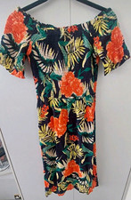 Dorothy Perkins Tropical Print Bardot Smocked Midi A-Line DRESS Size 6