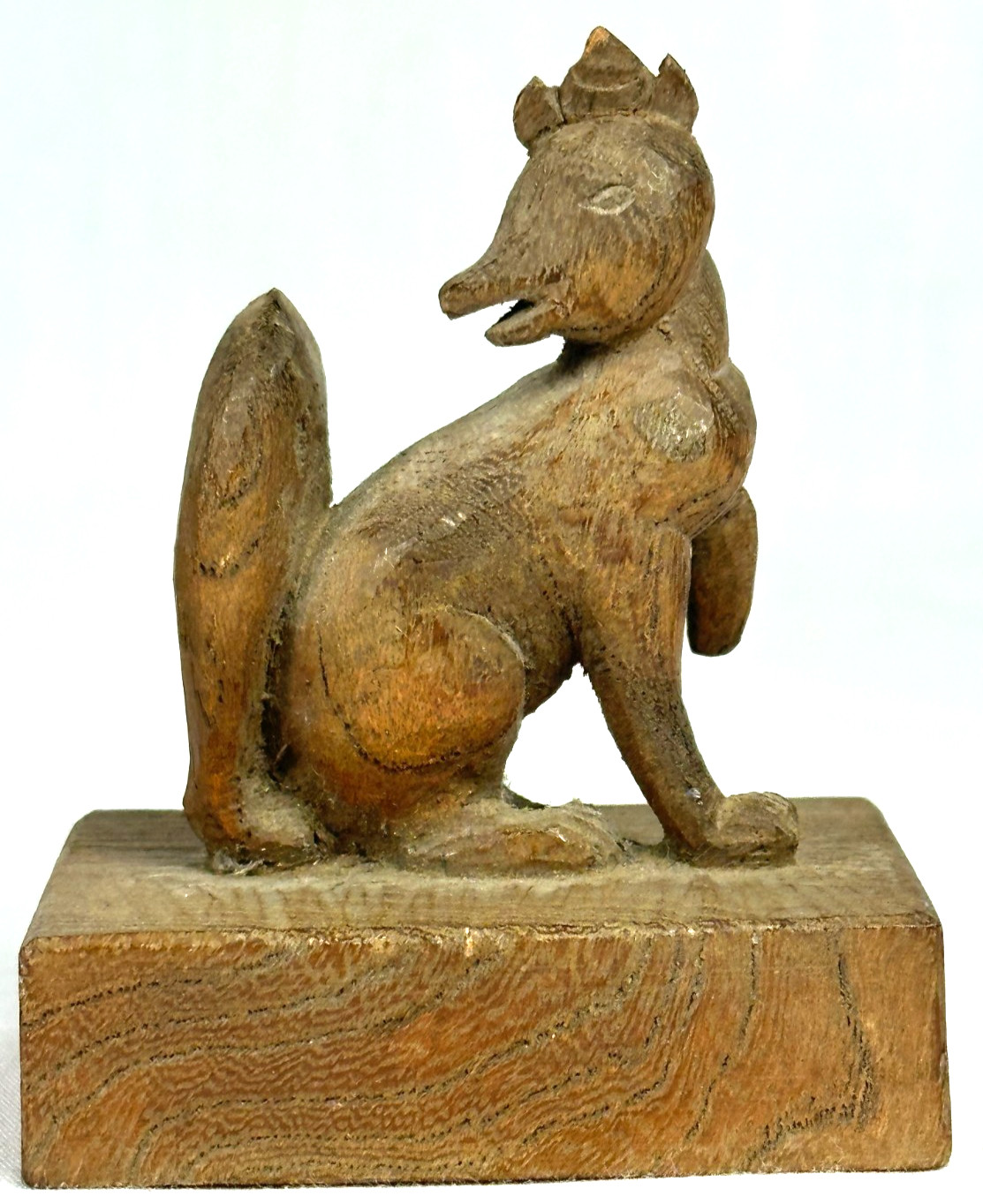 Japanese Mulberry Wood Inari Fox Carving Hoju Jewel Folk Art Statue Bekoning