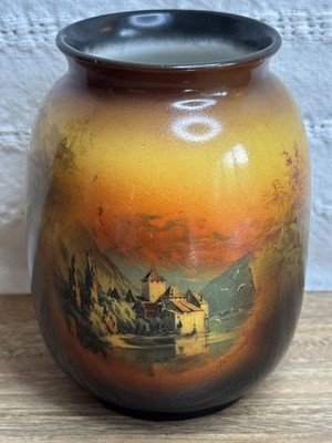 Antique Vintage Royal Bayreuth Bavarian Small Vase - Lake Mountain Castle scene
