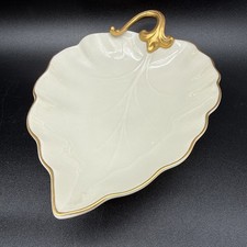 Made In USA Lenox Leaf Shaped Ivory Trinket Candy Dish in Woodleaf 24k Gold Trim