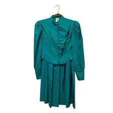 Vtg 80s Lorch Teal Skirt Set Ruffle Puff Sleeve 2 Piece Co Ord USA Made