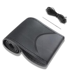 Black Leather Steering Wheel Cover, Stitch On Wrap, Breathable Cowhide Type B