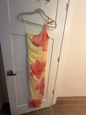 Fashion Nova Yellow Pink Floral One Shoulder Maxi Dress Sleeveless Size S