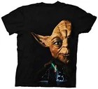 Star Wars Mens T-Shirt - Giant Yoda Half Face Over Saber Battle Image