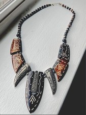 Ethnic Tribal Statement Necklace Wood Metal Beaded Brown Black Asymmetrical