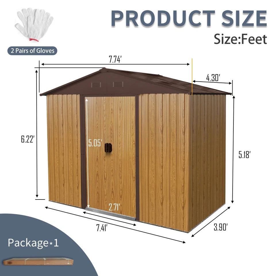 8x4 FT Metal Shed Outdoor Garden Storage Shed with Sliding Door for Yard Brown - Image 3 of 4