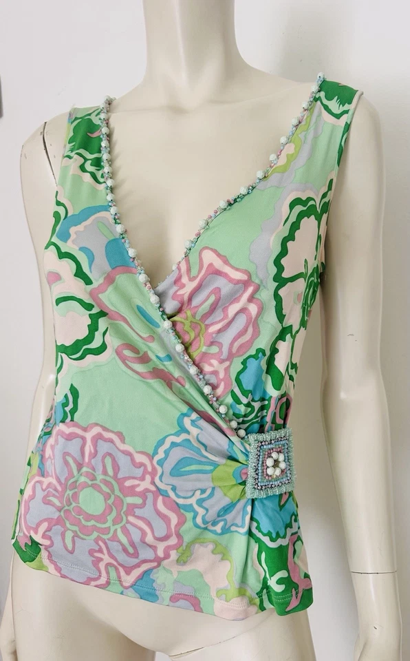 Blumarine Blugirl Cami Top Jersey Elástico Floral Cuello en V Piedras Corazón Talla 42 S Foto 4 de 4