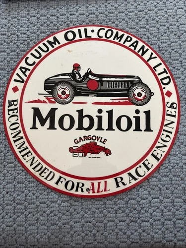 VINTAGE MOBIL MOBILOIL ENAMEL METAL RACE CAR 11 3/4" GARGOYLE GAS PUMP SIGN