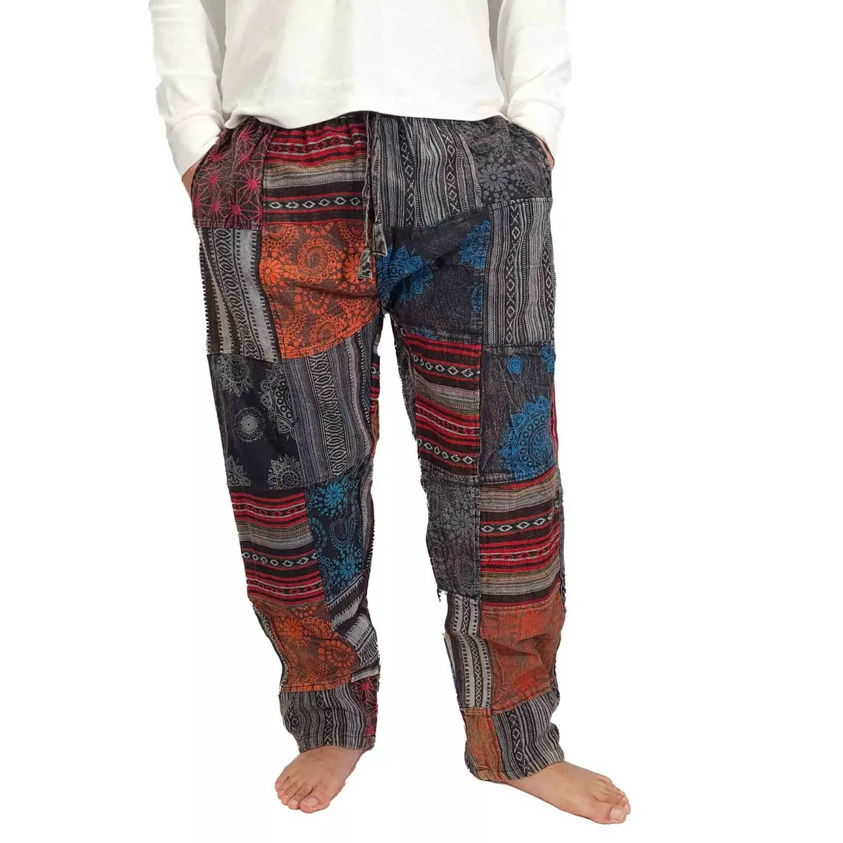 Mens Blue Patchwork Pants Cotton Hippie Boho Comfy Unisex Summer Hippy  Bohemian