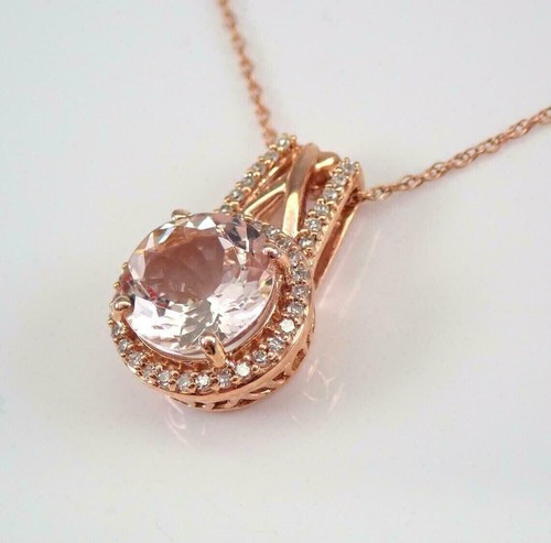 2Ct Round Cut Morganite Diamond Women Halo Pendant Necklace 14K Rose Gold Finish - Picture 2 of 5