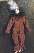 Pierrot Harlequin Doll Porcelain 11" Mime Clown Jester Feather Mardi Gras READ