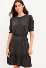 NWT Women's LOFT S/S Gray Smocked Flounce Dress Sz Medium