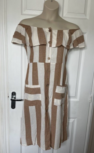 Boohoo Size 14 Linen Blend Off the Shoulder Wide Stripe Midi Dress New with Tags - Picture 1 of 6