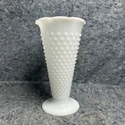 Vintage White Milk Glass Hobnail Trumpet Vase Scalloped Pedestal 9.25” Tall