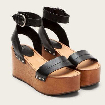 Frye Women s Alva Flatform Wood Leather Wedge Sandals   Size 9.5
