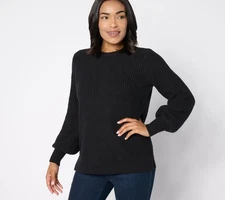 Belle by Kim Gravel Chunky Shaker Knit Bishop Sleeve Sweater Black S New