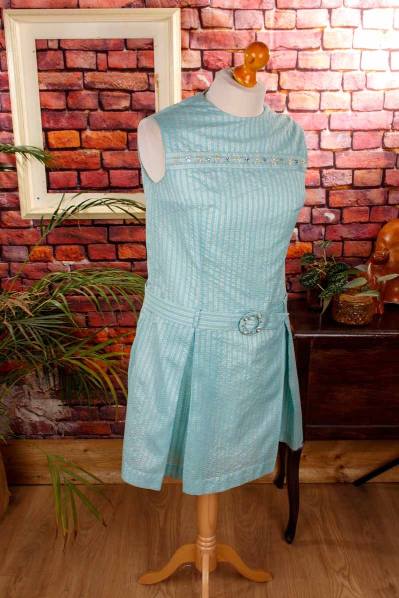 Vintage Original 60s Dress Turquoise Brocade 20s Style Flapper Charleston M