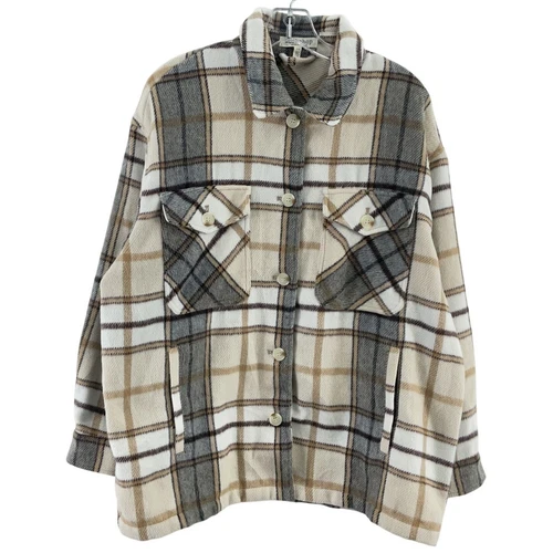 VETEMENTS Giacca camicia donna Workshop Republic panna grigio a quadri pile con bottoni grande