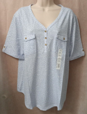 Croft & Barrow  Women's Elbow Sleeve Henley Top-Blue Mosaic - Size XXL - NWT