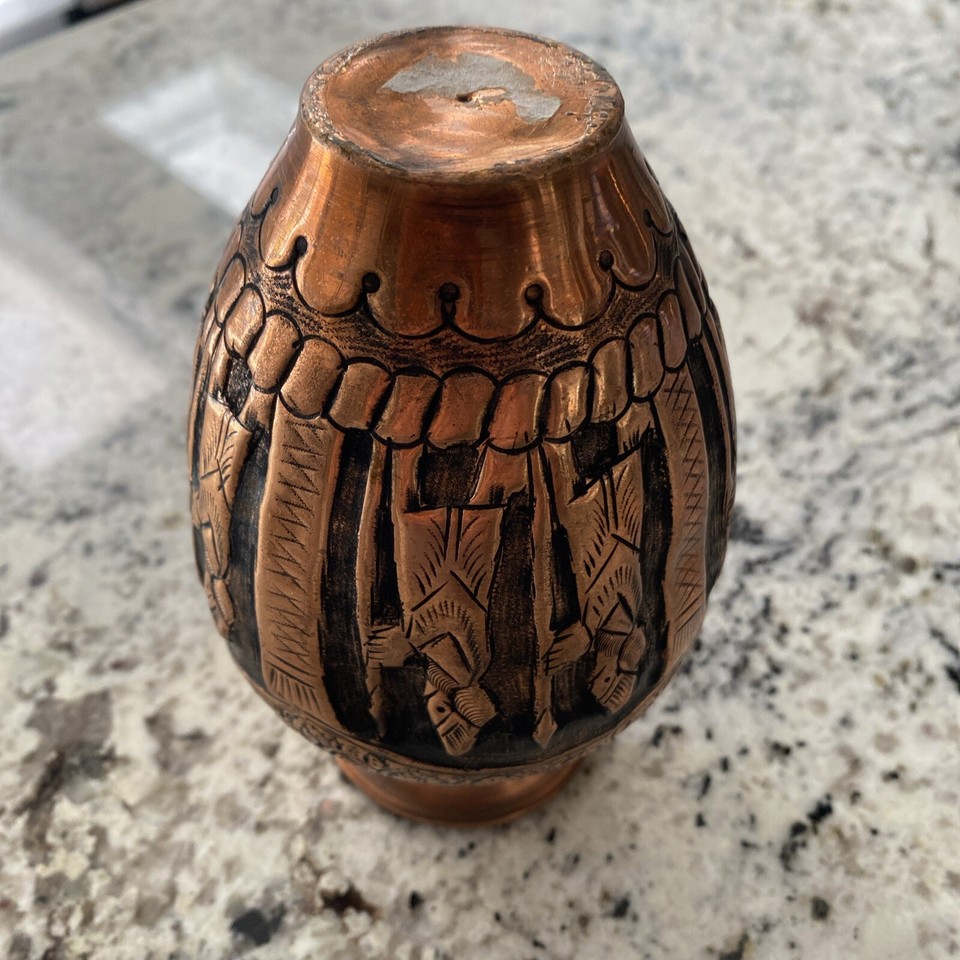 Vintage Copper Vase Vessel Hammered Embossed Old World Soldiers Columns