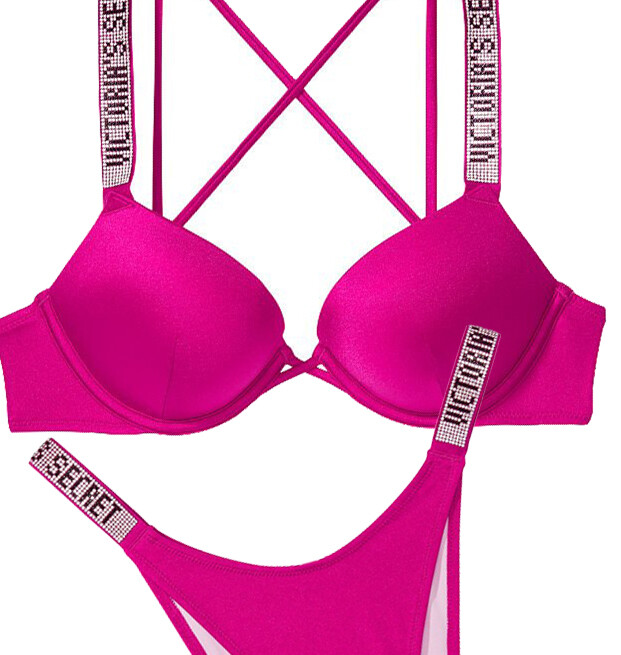 Victoria's Secret BOMBSHELL Push Up SWIM rhinestones shine brazilian logo  pink