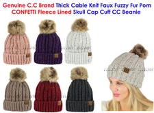 C.C Cable Knit Faux Fuzzy Fur Pom CONFETTI Fleece Lined Skull Cap CC Beanie
