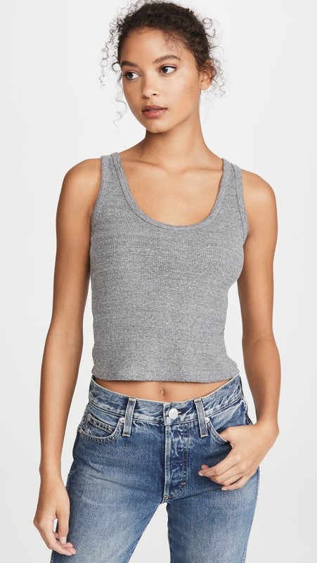 AMO / Crop Gray Ribbed Distressed Cotton Sleeveless Scoop Neck Tank Top / M