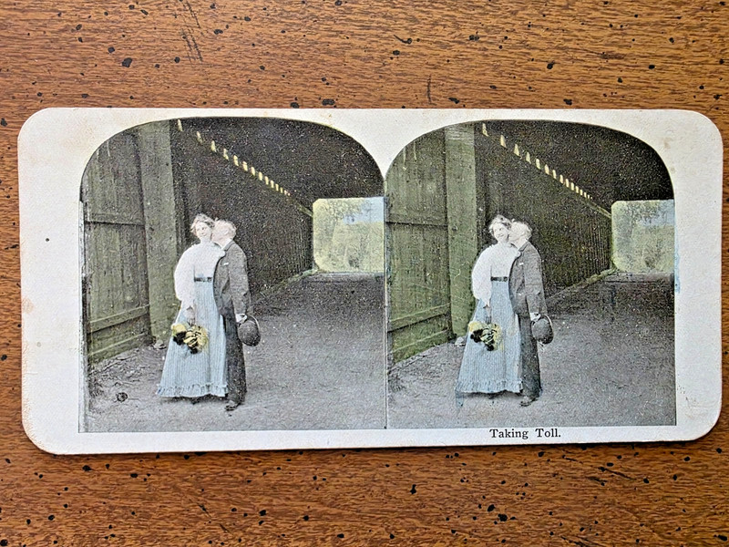 ANTIQUE ROMANCE COMIC STEREOVIEW OF "TAKING TOLL", 1900'S