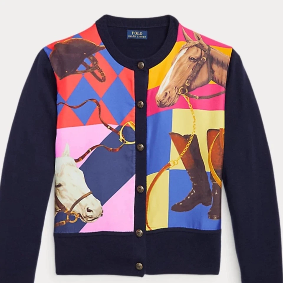 Polo Ralph Lauren Equestrian Themed Buttoned Wool & Silk Cardigan in Navy Small - Image 2 of 4