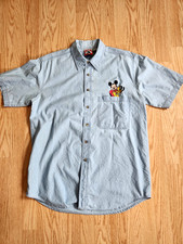 Disney Denim Embroidered Mickey Pluto Blue Collared Shirt Short Sleeved Sz M