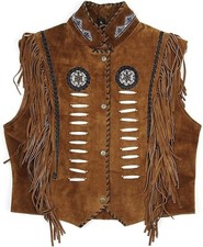 Western Suede Leather Vest Men Native American Beads  Fringe Cowboy Waistcoat