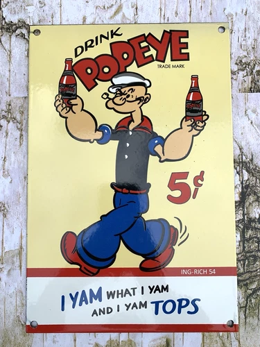 VINTAGE POPEYE 5c CARTOON SAILOR MOTOR SODA POP GAS OIL DISNEY PORCELAIN SIGN