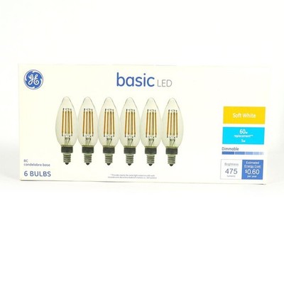 GE, Basic LED, 60W, BC Candelabra, Soft White, 6 Bulbs, Dimmable, 43936