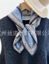 70% Cashmere 30% Silk Scarf Neckerchief Shawl Bandana Blue grain Print 27'' Wrap