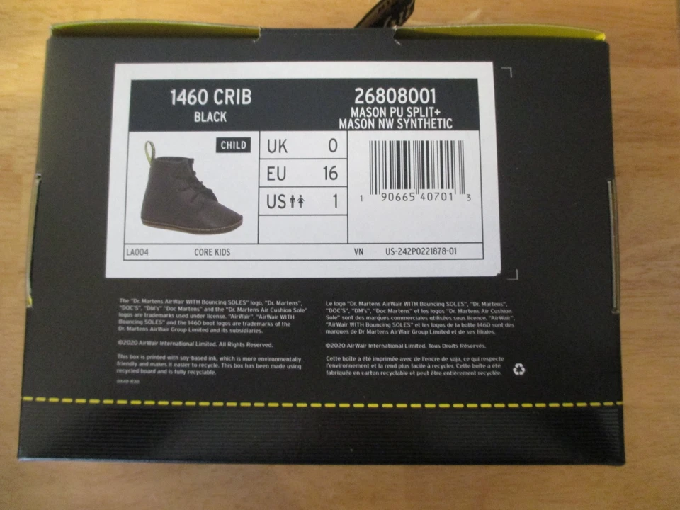 Dr. Martens 1460 Zapatos de Cuna Talla 1 Botas de Bebé Botines Negro Air Wair Recién Nacido NUEVO Foto 3 de 4