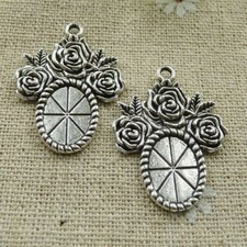 Free Ship 60 pcs tibetan silver flower oval frame charms pendant 32x24mm L-316