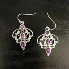 Pretty New Silver Plated Purple CZ & Gemstone Filigree Hook Dangle Drop Earrings