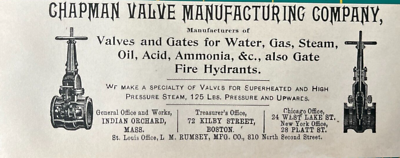 #ad Indian Orchard Massachusetts Vintage Print Ad Chapman Valve Company Hardware $28.49