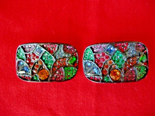 MUCI Shoes Clips Art Deco Style Multicolored Crystals Oxidized Silver RARE WoW
