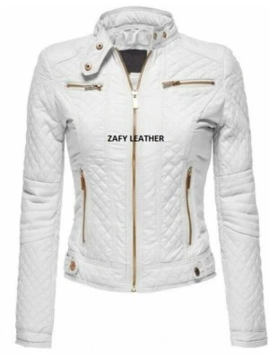 Trendy Neu Damen Weiß Lederjacke 100% Weich Schafsfell Biker Moto Jacke - Bild 1 von 4