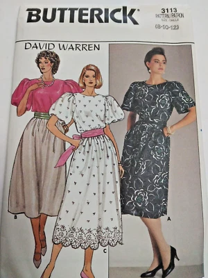 Dress Blouson 8 10 12 Butterick 3113 Sewing Pattern VTG 80s David Warren Party - image 1 of 4